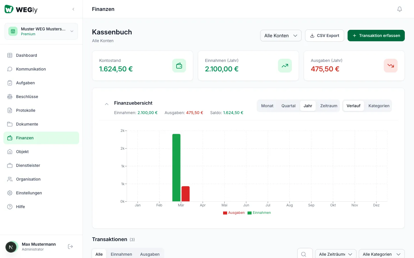 Cash book overview in WEGly